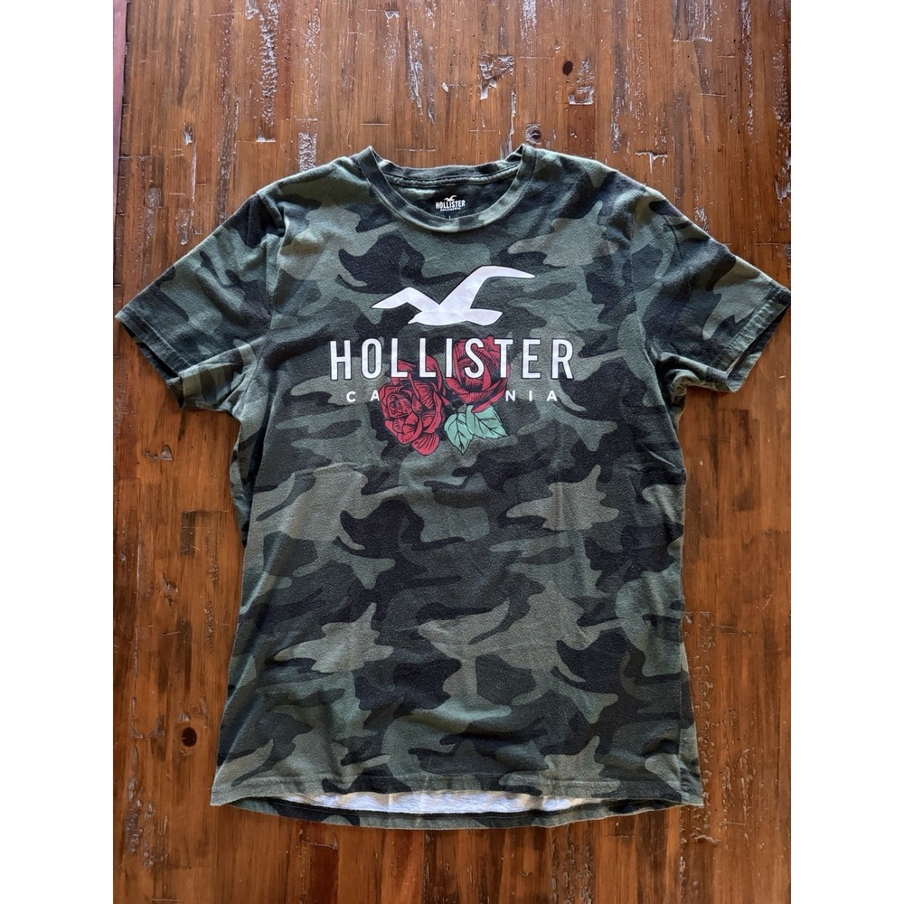 Hollister California Camo Graphic T Shirt Mens L Roses Logo Military Tee